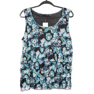 Abstract Floral Ruffle Tank L Womens NEW Scoop Neck Black Teal Purple Y2K Tiered